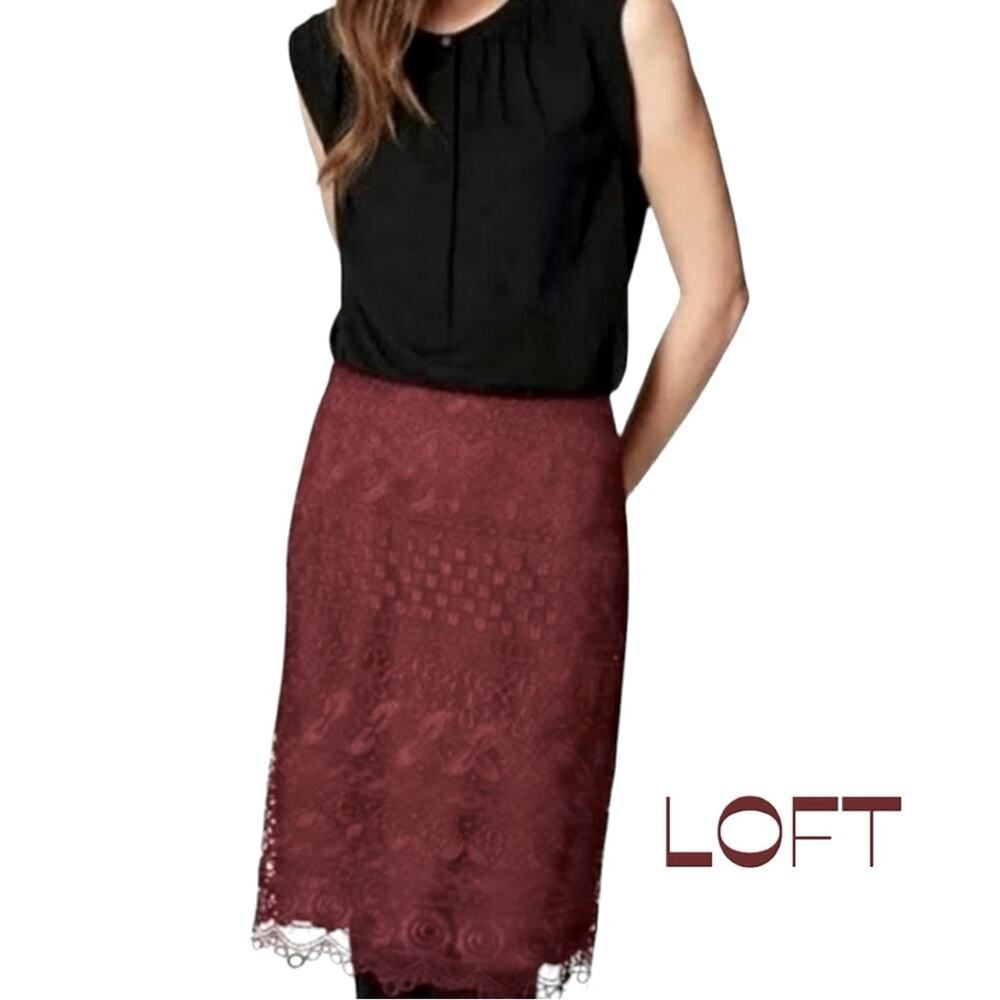 LOFT Burgundy Sheer Lace Pencil Skirt NWOT Size 4P
